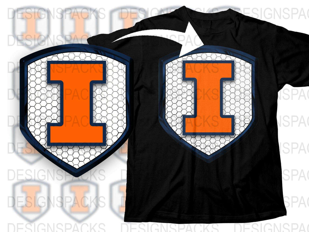 Custom Orange Letter I Shield Design T-Shirt, Hexagonal Pattern Background, Unisex Graphic Tee