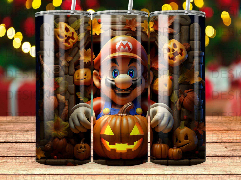 Mario holding a glowing jack-o'-lantern with autumn leaves and pumpkins.