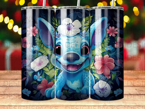 Stitch character with flowers and leaves on a dark background.