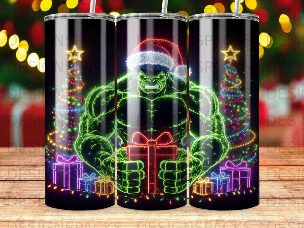 Hulk in Santa hat holding gift, surrounded by festive lights and presents.