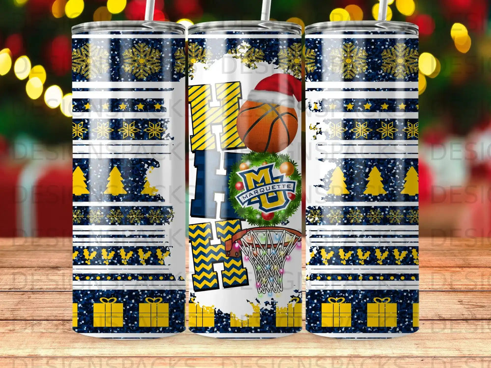 Marquette Golden Eagles basketball tumbler with holiday design.