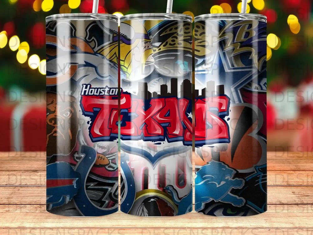 Texas logo with sports team emblems and city skyline.