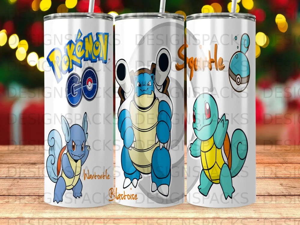 Pokemon Wartortle, Squirtle, and Blastoise characters on a white tumbler.