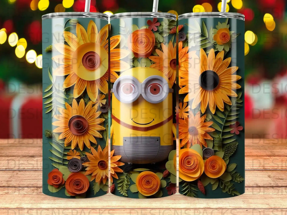 Minion with sunflowers and paper flowers design on a tumbler.