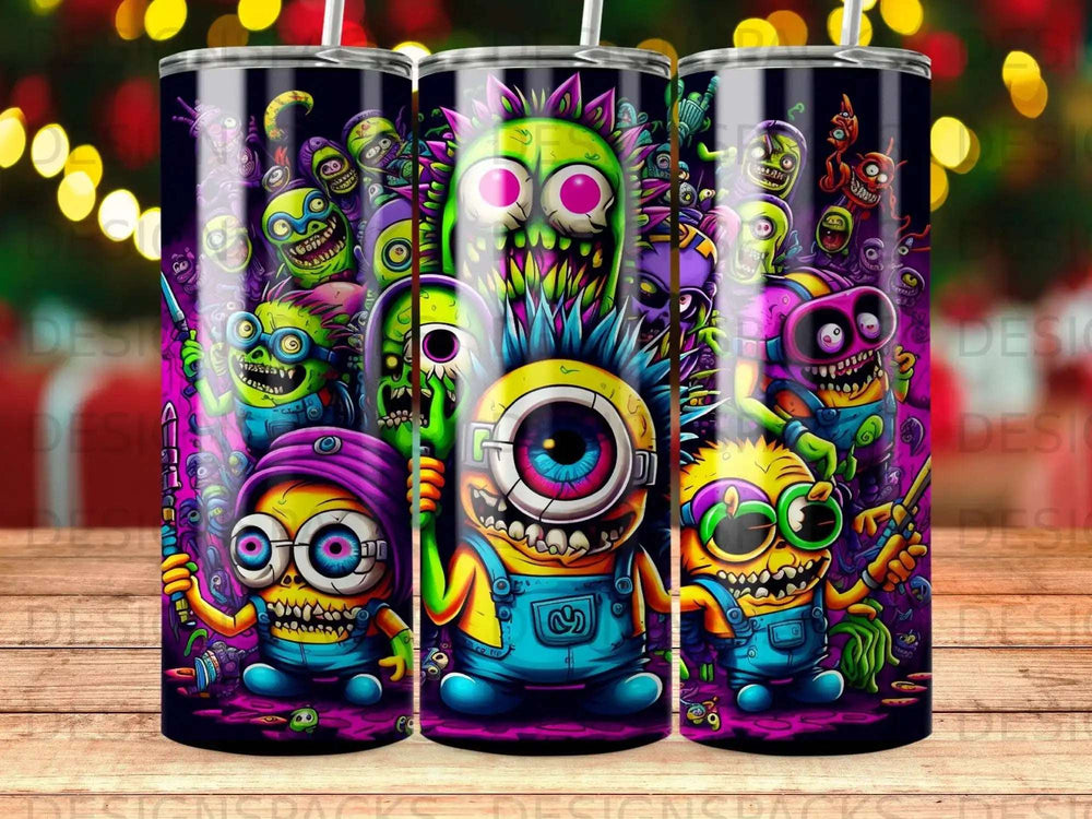 Three cartoon monsters in overalls holding ray guns against a dark, festive background.