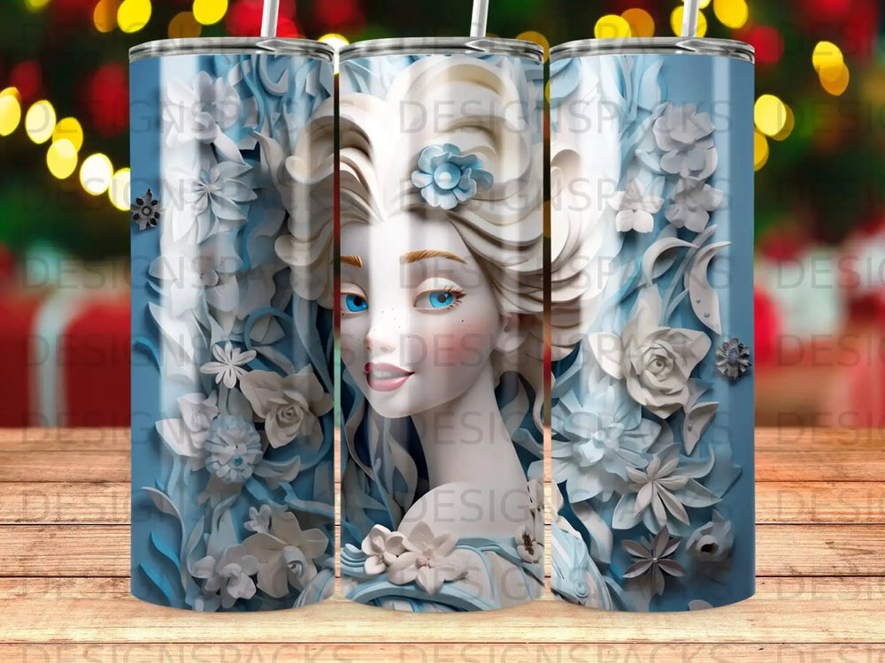 Frozen character with blue eyes and intricate floral details on a tumbler.
