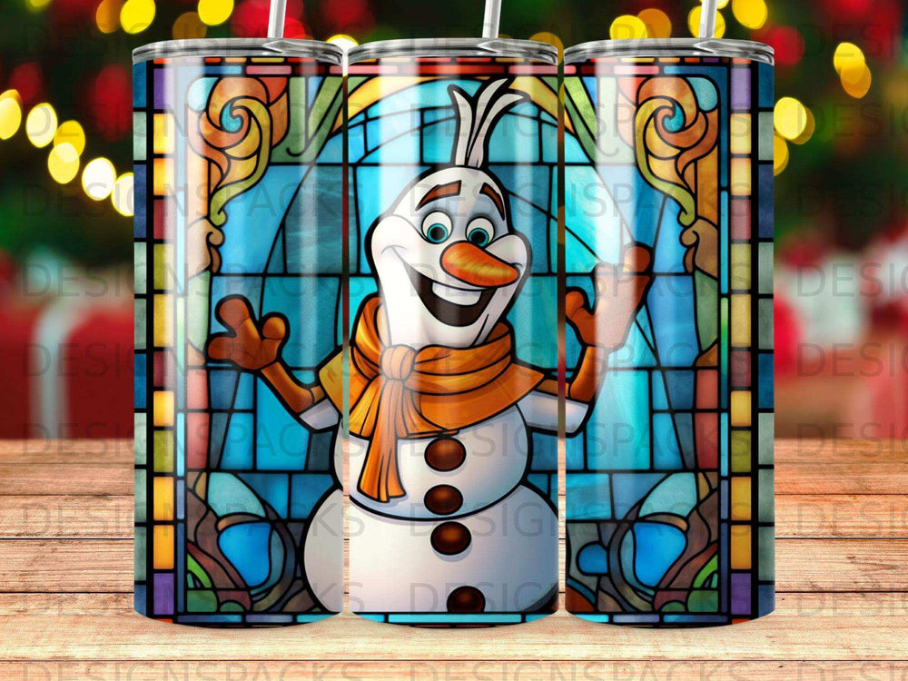 Olaf the snowman with outstretched arms in front of a stained-glass window.