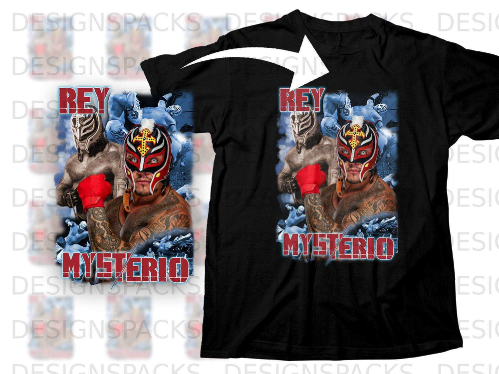 Black t-shirt with Rey Mysterio graphic on the front.
