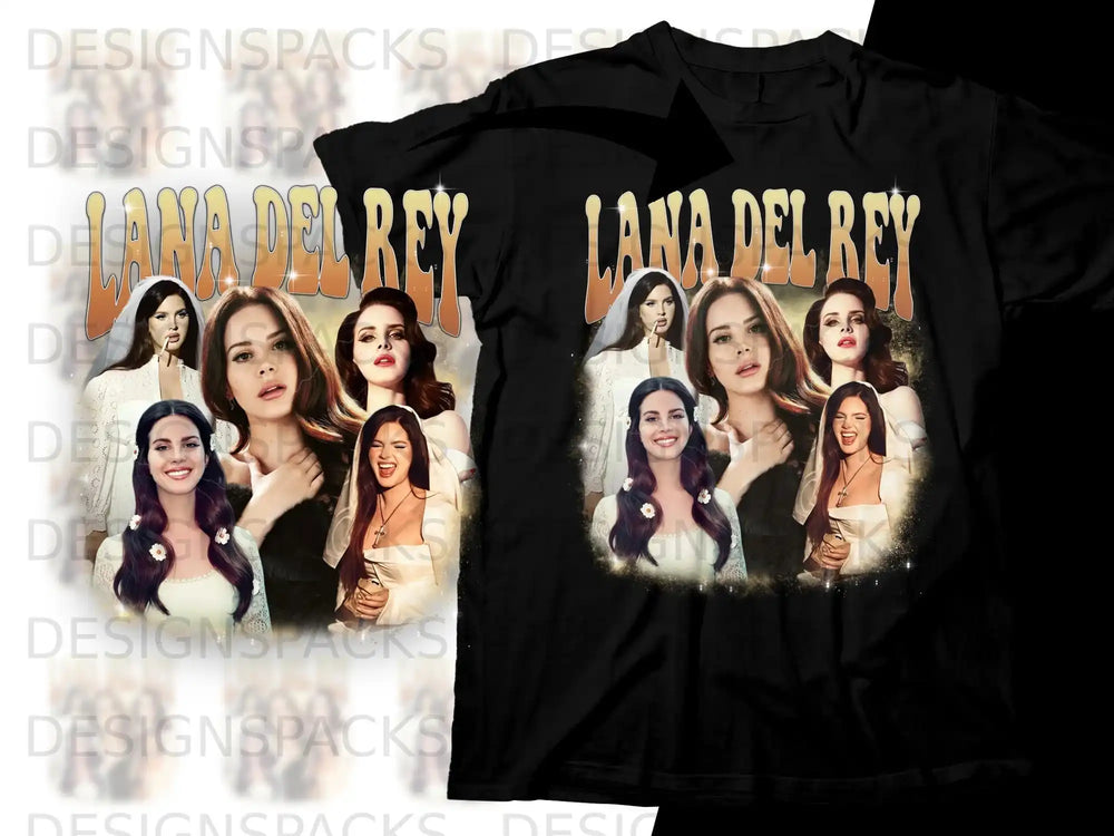 Black t-shirt with collage of Lana Del Rey images and text "Lana Del Rey".