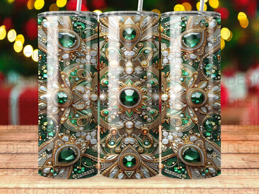 Three tumblers with ornate green and gold jewel-toned patterns.