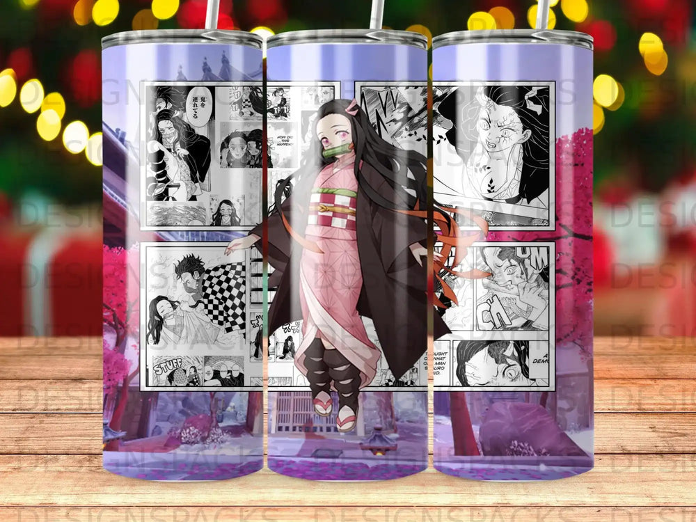 Demon Slayer anime art on a purple tumbler with floral and wood accents.