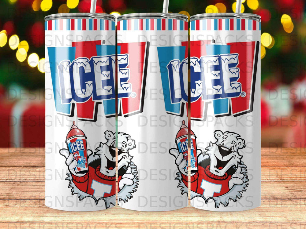 Two Icee branded tumblers with red, white, and blue stripes and logos.