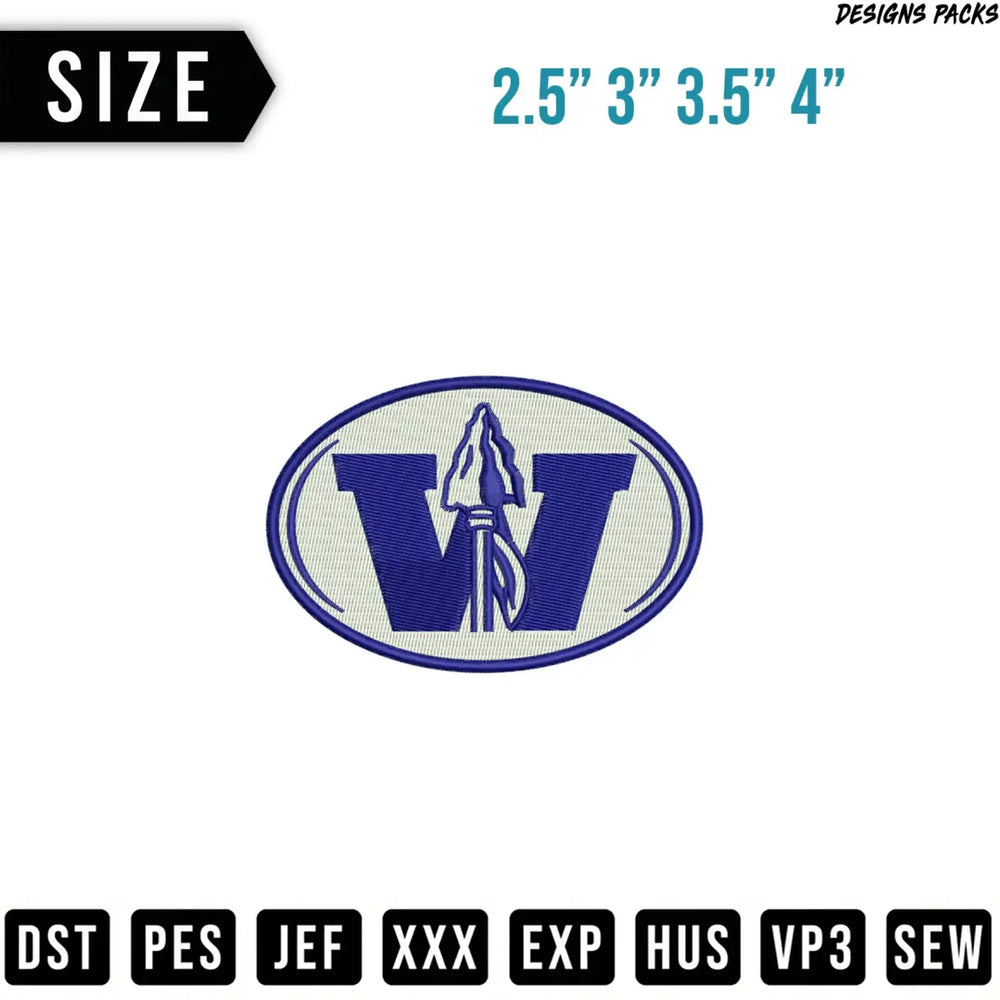 Oval logo with a spear and "W" for embroidery designs.
