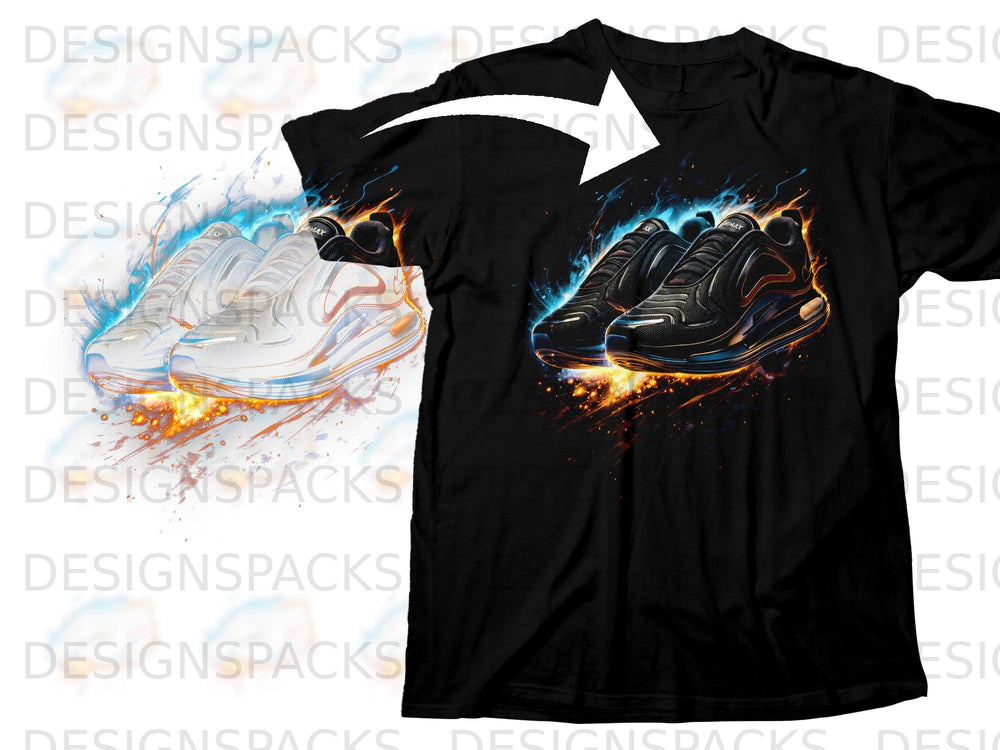 Black t-shirt featuring a fiery graphic of two pairs of sneakers.