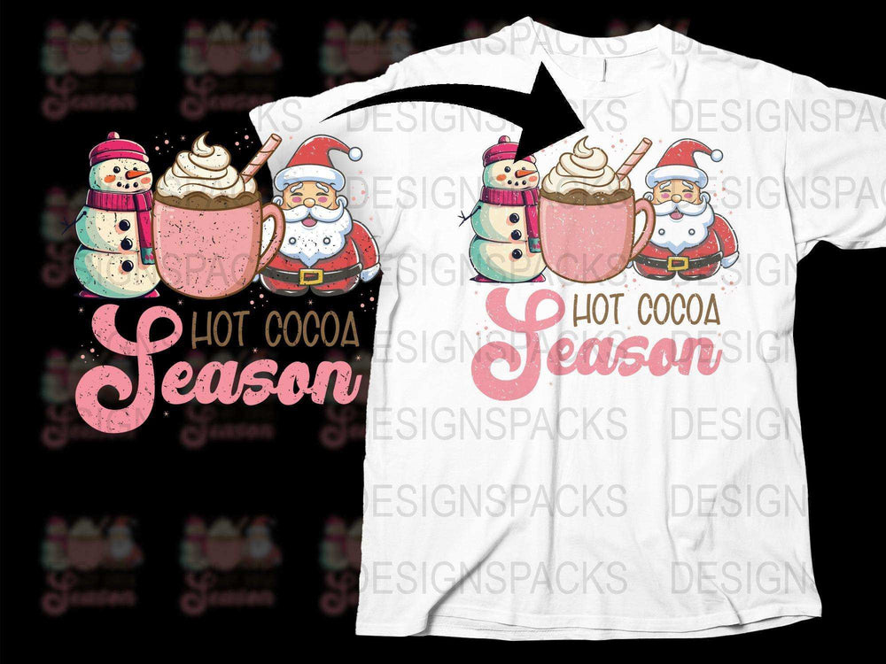 Hot Cocoa Season T-Shirt, Santa and Snowman Graphic, Holiday Tee, Festive Christmas Shirt, Comfortable Cotton, Unisex Fit