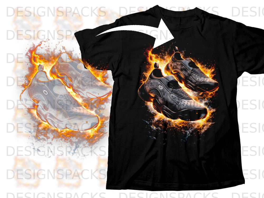Black t-shirt with fiery sneakers graphic and a white arrow pointing to it.