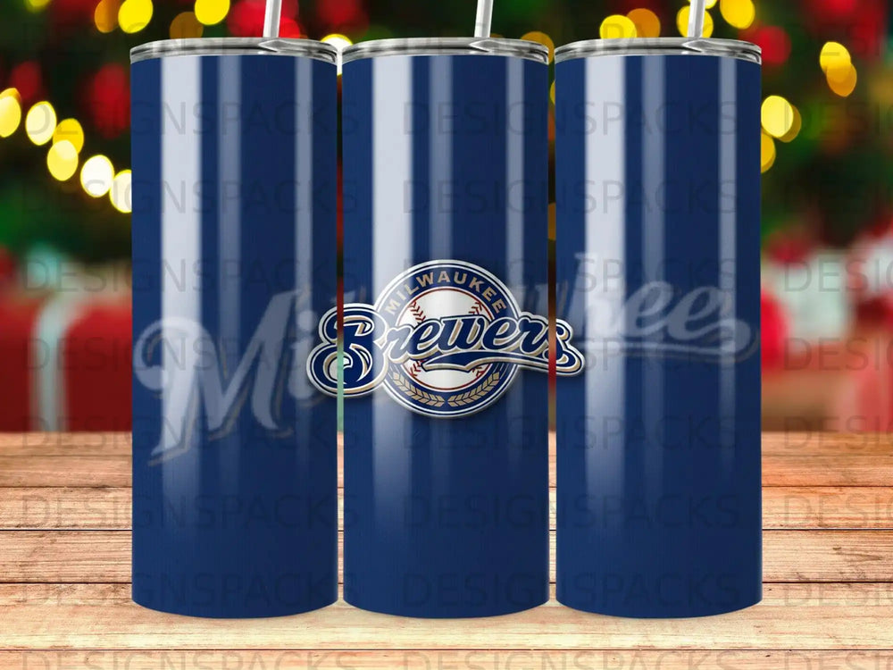 Milwaukee Brewers logo on a blue striped tumbler.