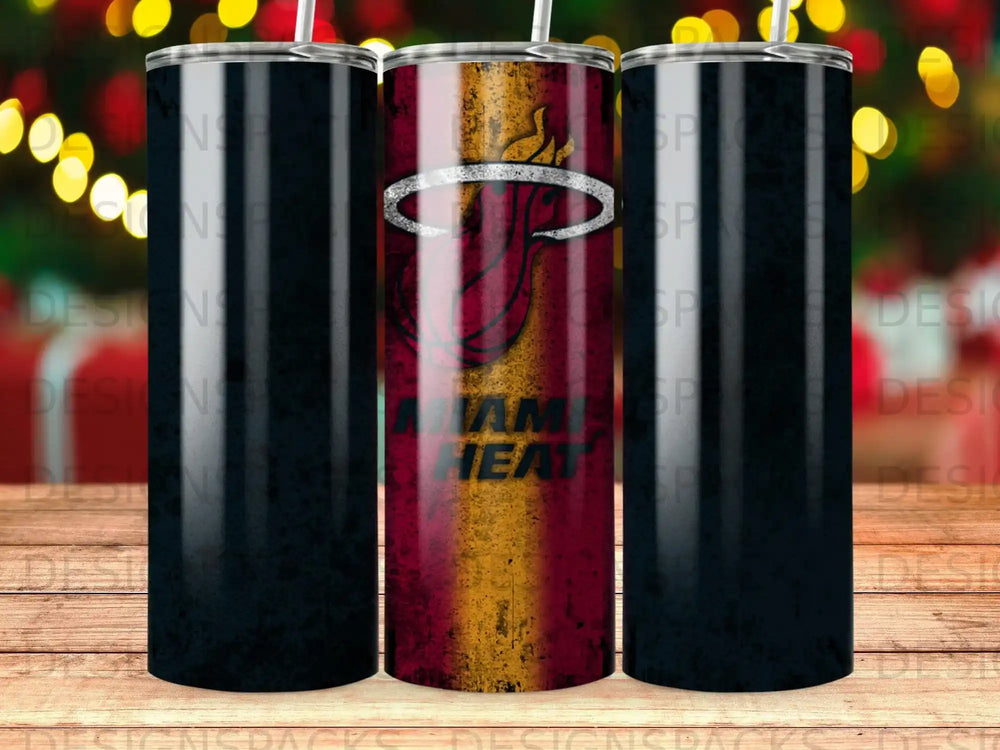 Miami Heat basketball team logo on a distressed red and yellow striped tumbler.