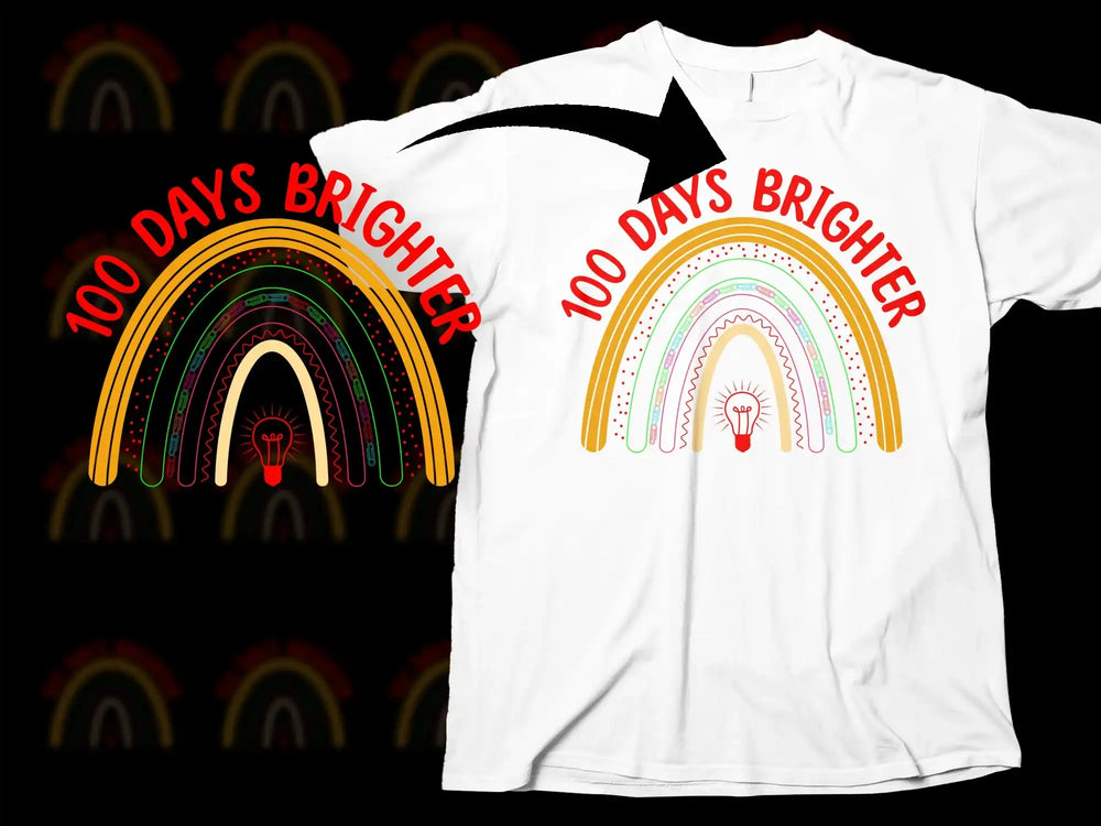 100 Days Brighter Rainbow T-Shirt, Colorful Teacher Shirt, School Celebration Tee, Vibrant Graphic Design Top