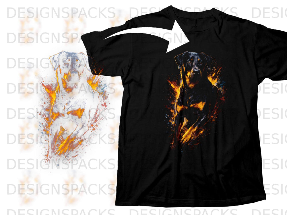 Black t-shirt featuring a Rottweiler illustration with fiery orange and yellow accents.