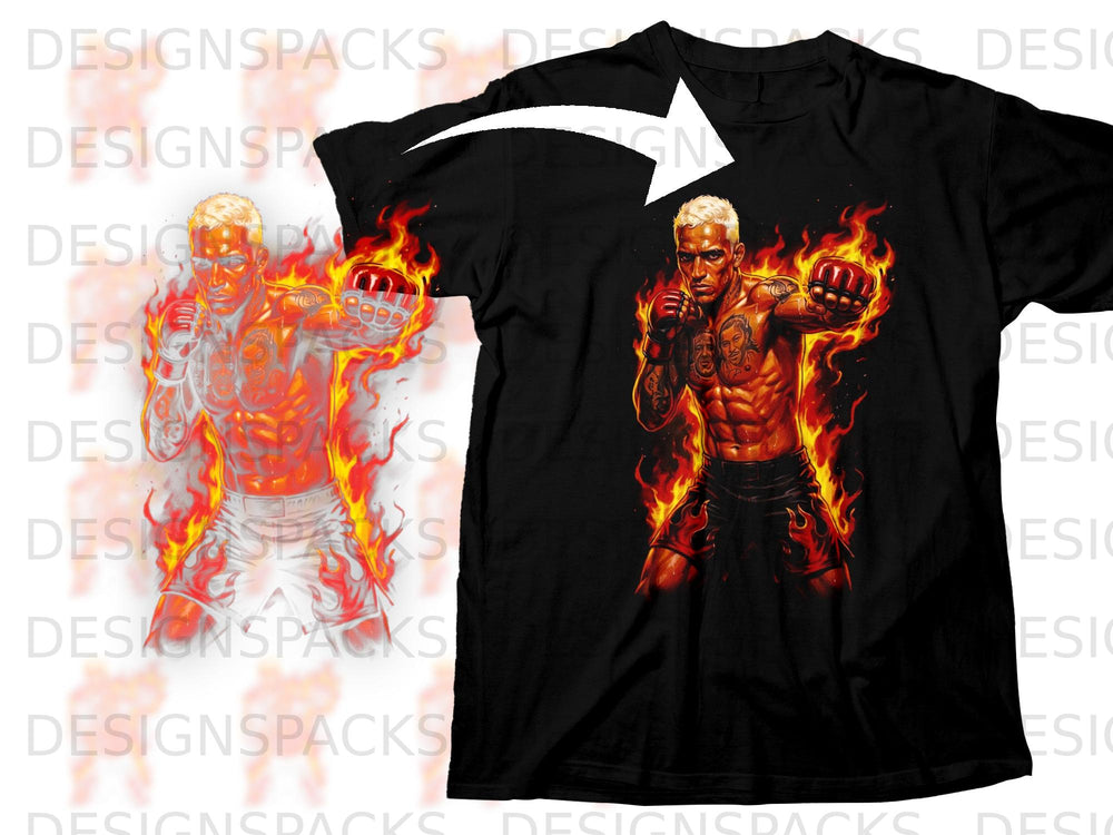 Black t-shirt with graphic of man surrounded by flames, fists up.