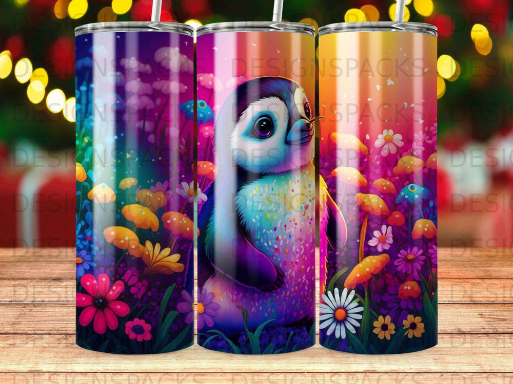 Penguin in floral forest with purple, pink, and blue color scheme.