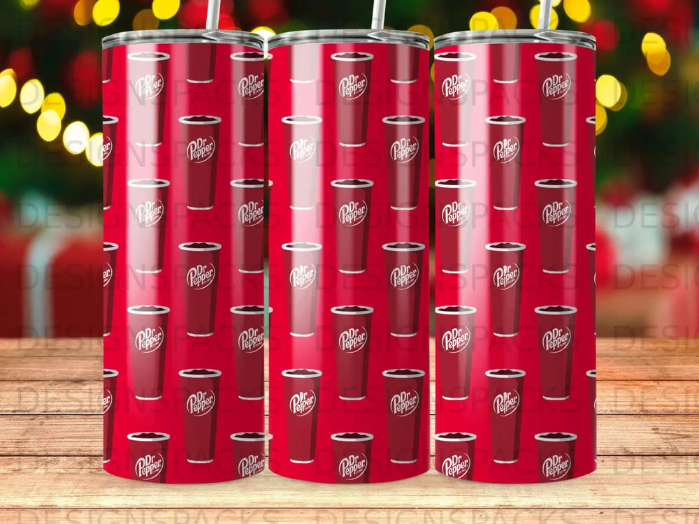 Dr Pepper pattern on a reusable insulated tumbler.