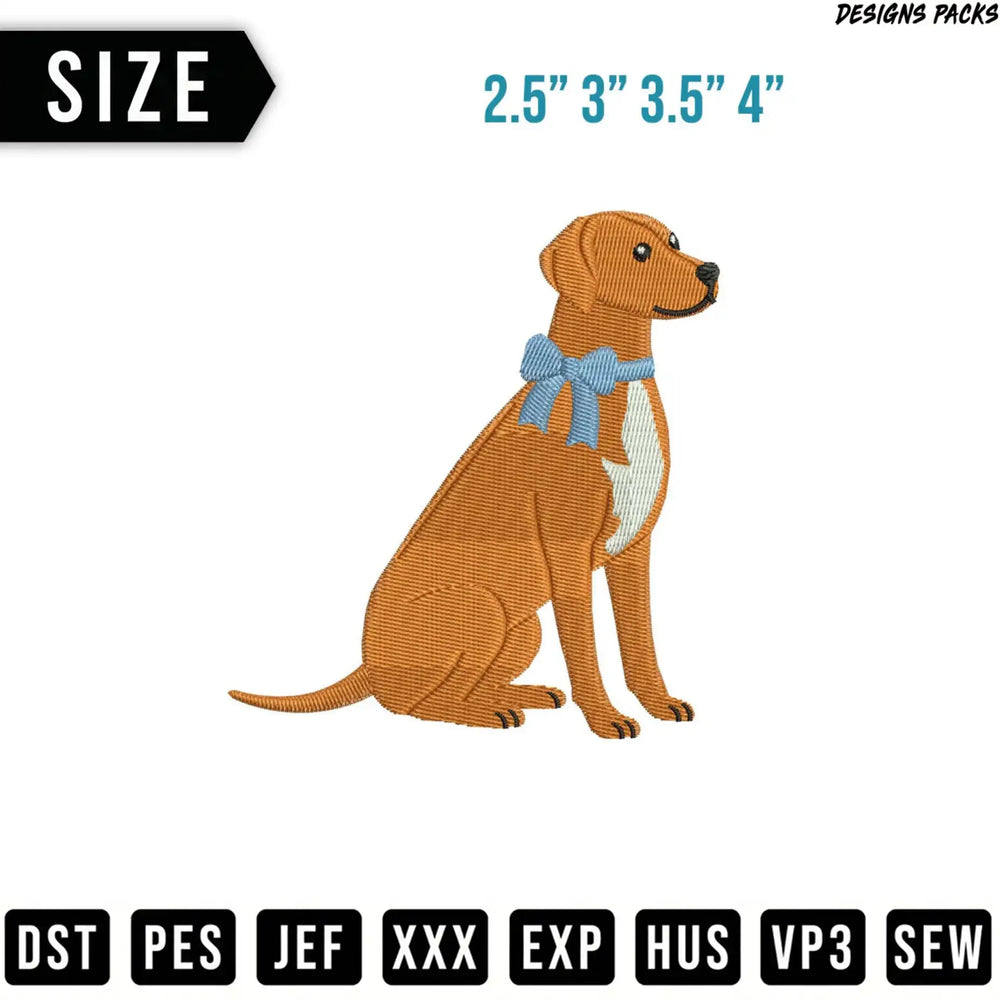Brown dog with blue bow, available in multiple sizes.