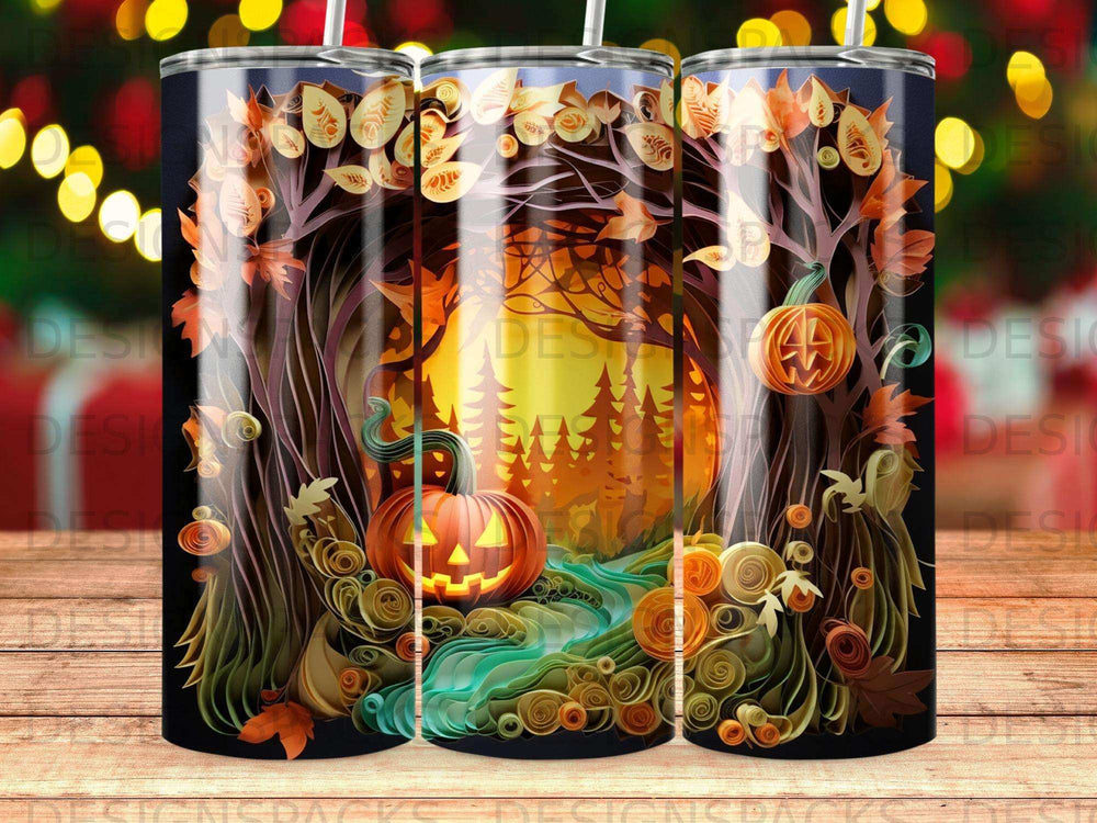 Three tumblers featuring a Halloween forest scene with pumpkins and autumn leaves.