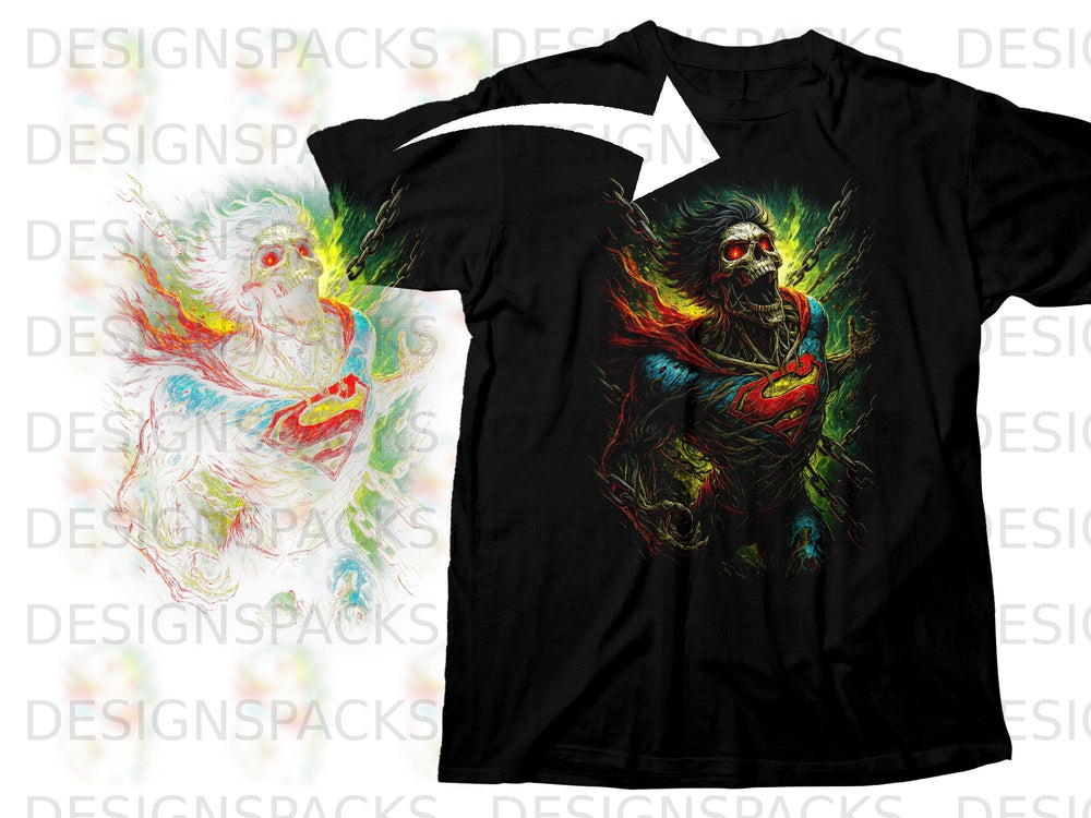 Black t-shirt featuring a zombie Superman graphic with chains and fiery effects.