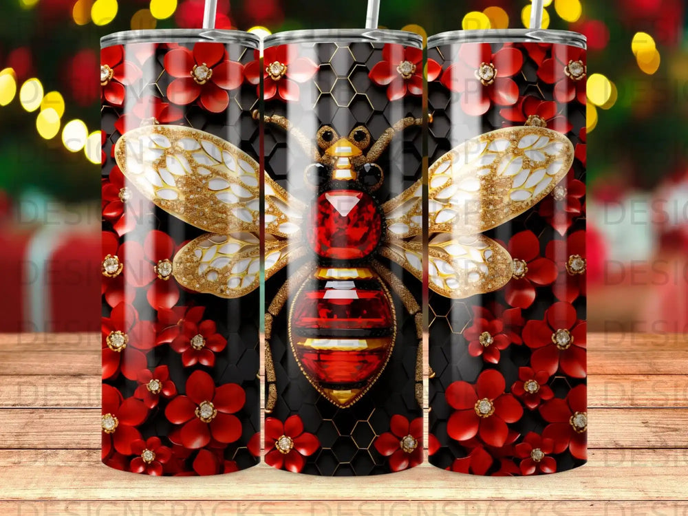 Gilded bee with red jewel on honeycomb background, surrounded by red flowers.