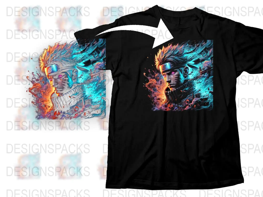Anime Graphic T-Shirt, Colorful Fire Design, Men's Casual Streetwear, Unique Cool Print Tee, Vibrant Artwear Shirt