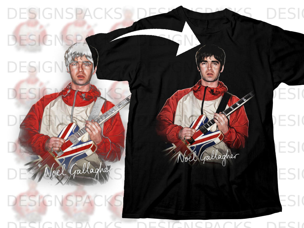 Black t-shirt with graphic of Noel Gallagher holding a Union Jack guitar.