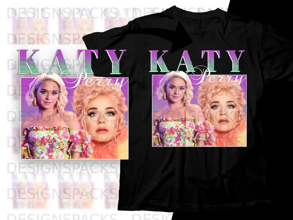 Katy Perry graphic tee with floral patterned artwork on black t-shirt.