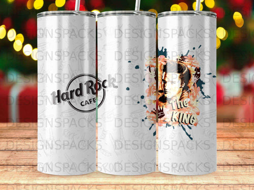 Tumbler featuring Elvis Presley, Hard Rock Cafe logo, and scattered musical notes.