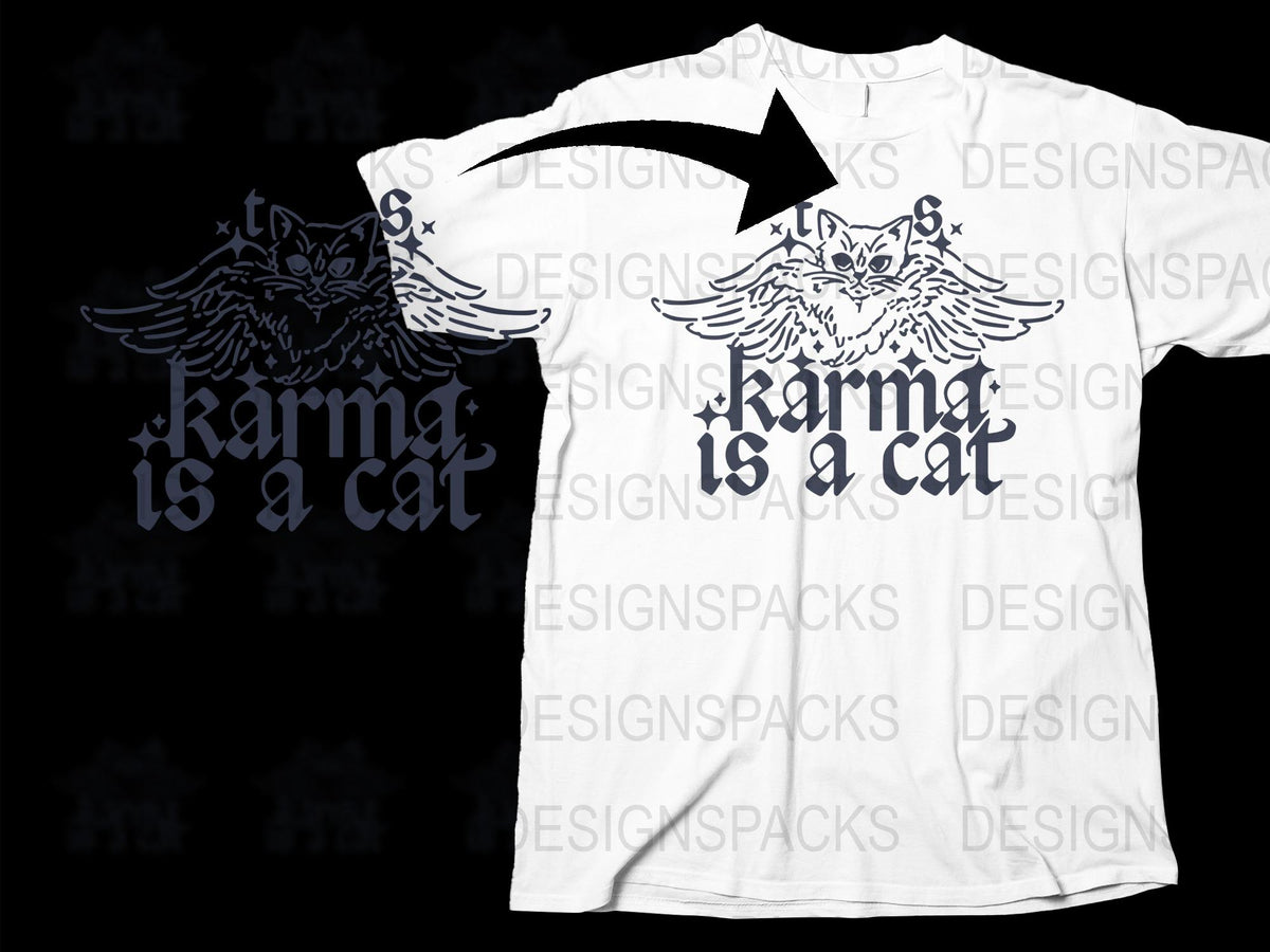 Karma Is a Cat T-Shirt, Cool Cat Design Tee, Unisex Graphic Black and White Shirt