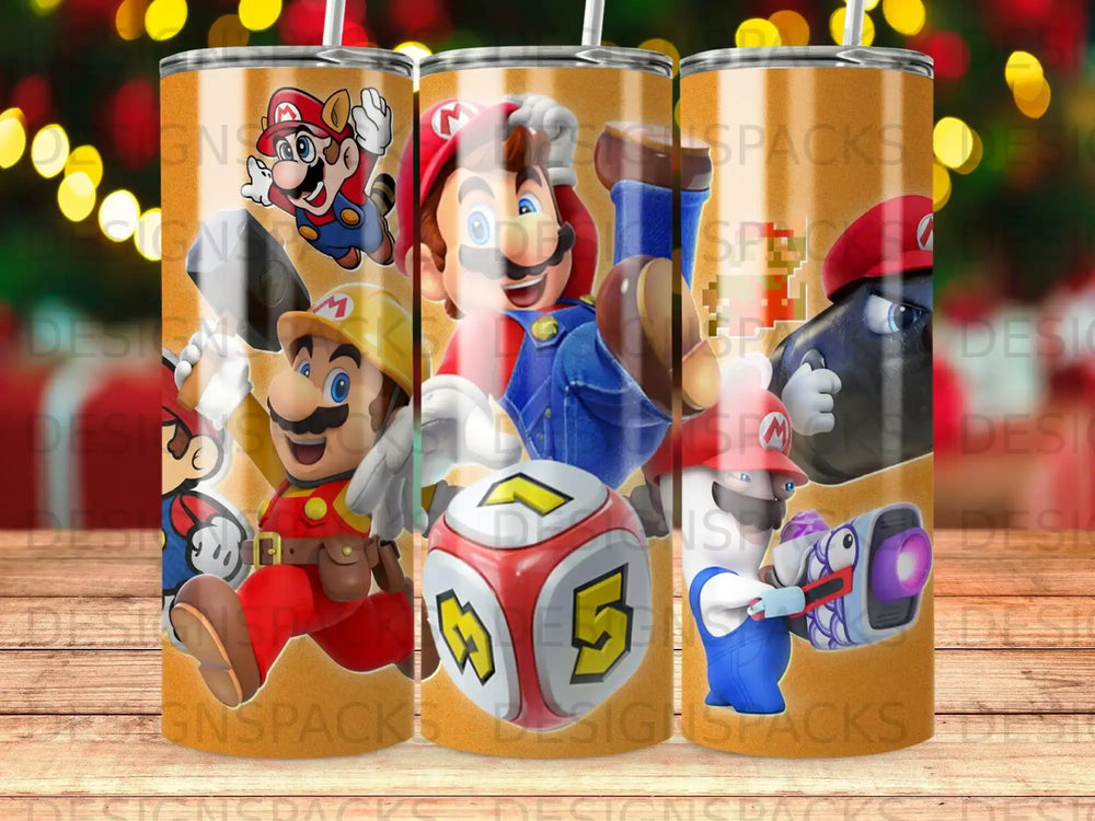 Mario characters and Super Mario items on a colorful tumbler.