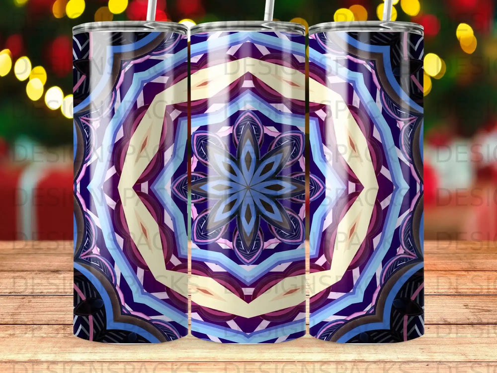 Tumbler with colorful geometric mandala pattern and bokeh lights background.