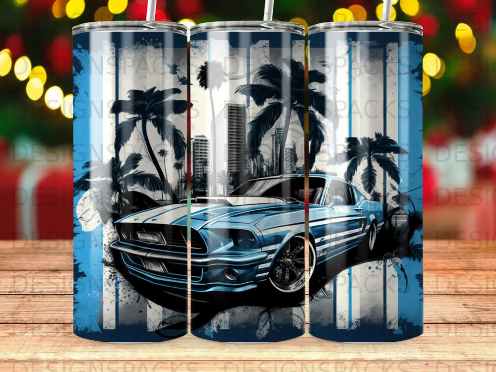 Blue classic Mustang with palm trees and city skyline.