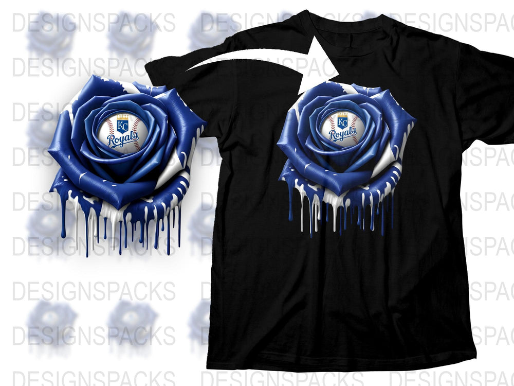 Kansas City Royals Flower Graphic T-Shirt, Blue Rose Drip Design, Sports Fan Apparel, Unique MLB Team Tee