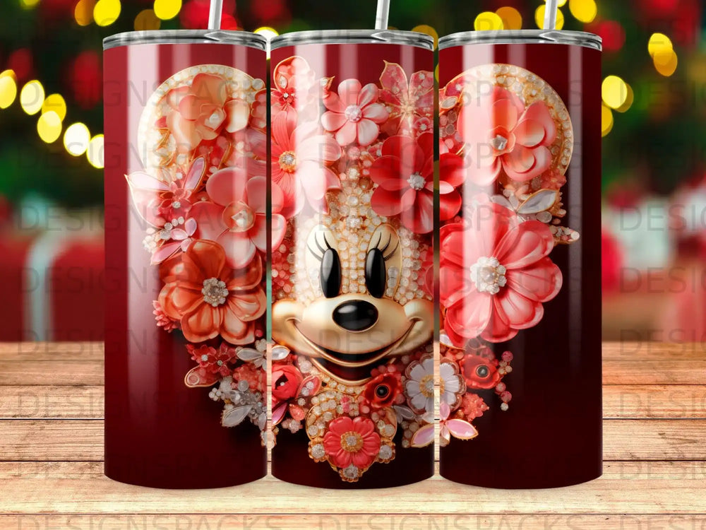 Minnie Mouse face surrounded by pink and red flowers and gems.