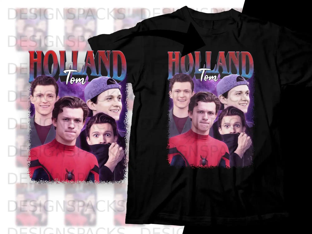 Tom Holland in Spider-Man costume on two black t-shirts.