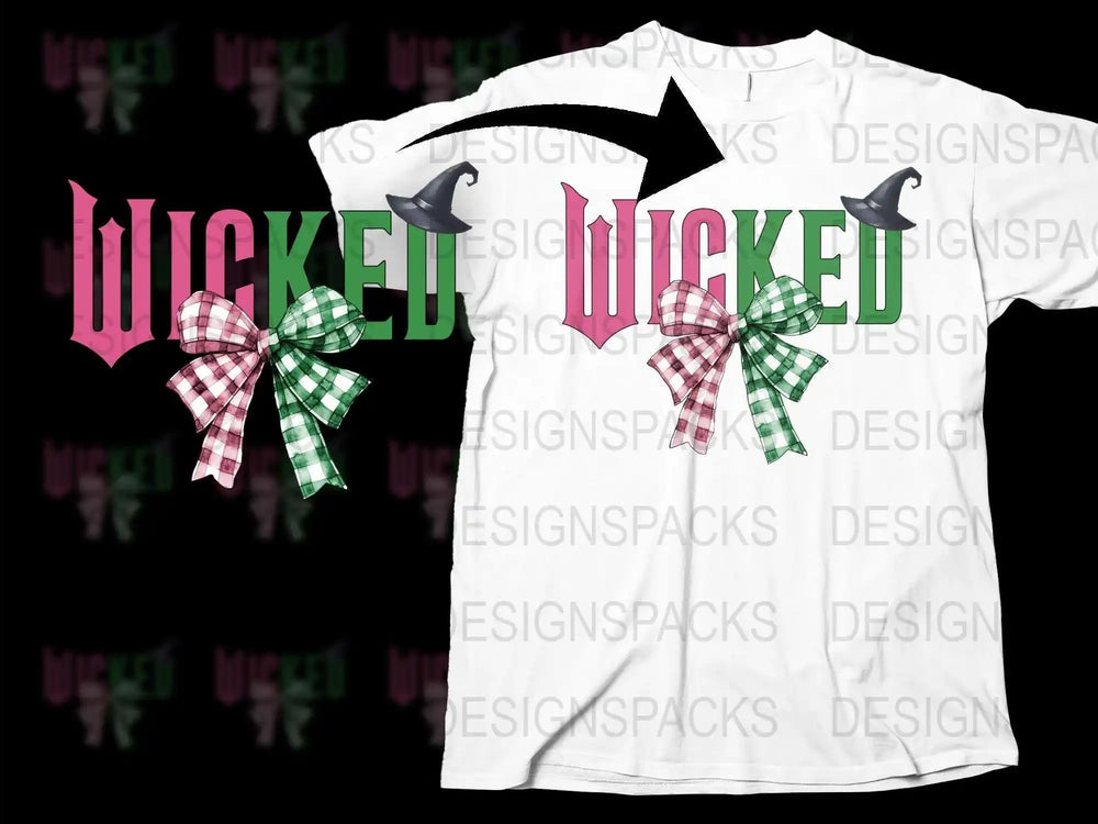 Wicked Text Buffalo Plaid Bows Graphic T-Shirt, Festive Holiday Tee, Christmas Casual Fashion, Trendy Winter Apparel