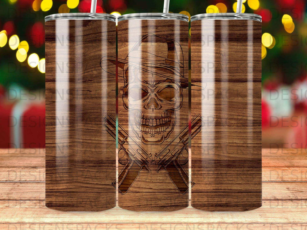 Wooden tumbler with skull and crossed pistols design.
