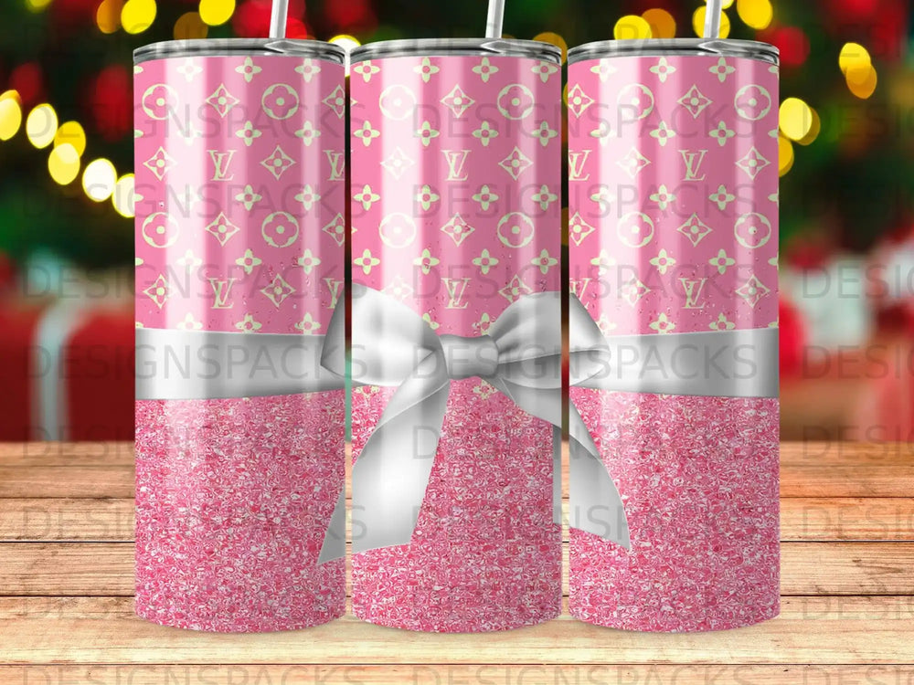 Pink Designer Inspired Monogram Glitter Bow Tumbler product type