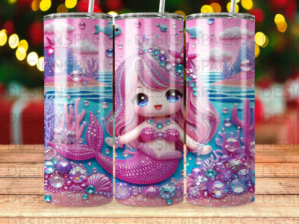 Pink mermaid with blue hair surrounded by colorful sea treasures and bubbles.