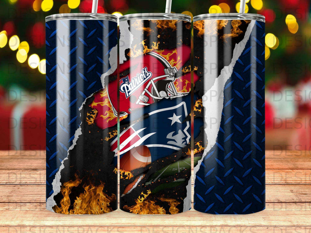 New England Patriots helmet, football, and flames tearing through metal.