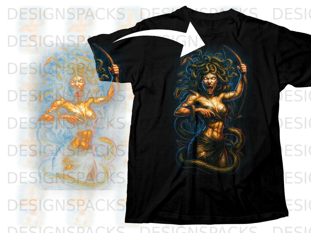 Medusa with snakes for hair and a bow on a black t-shirt.