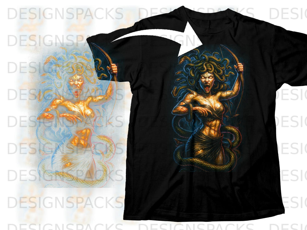 Medusa with snakes for hair and a bow on a black t-shirt.