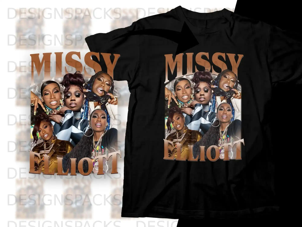 Black t-shirt with collage of Missy Elliott photos and text "Missy Elliott".
